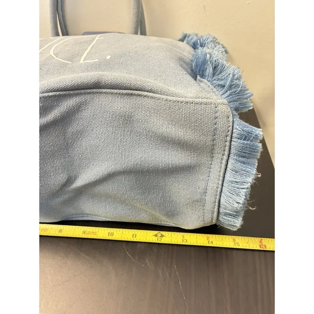 Rae Dunn Out Of Office Tote Bag Light Blue Fringe 16x13x5.5